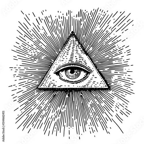 Engraved illustration of an all-seeing eye within a triangle, radiating vintage vibes and mystical energy