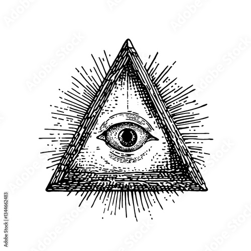 Mystical engraved illustration of an all-seeing eye within a triangle, radiating vintage vibes and symbolism