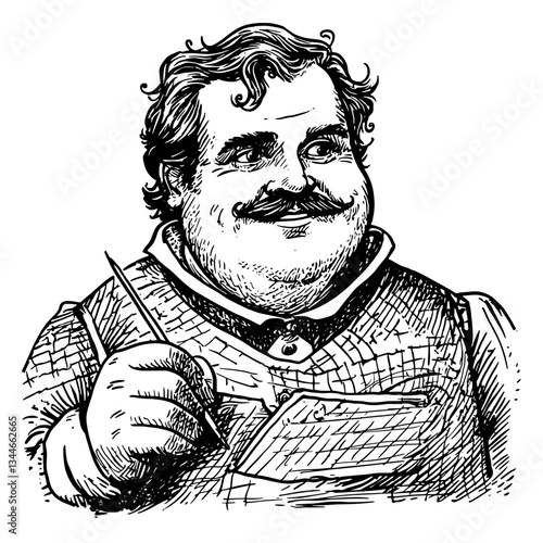 Engraved illustration of a cheerful man holding a sketchpad, embodying vintage charm and artistic spirit