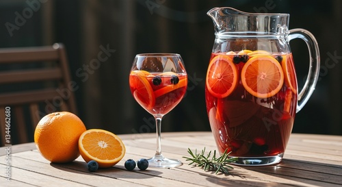 Colorful fruit punch in a glass and pitcher, highlighting fresh oranges, blueberries, and vibrant citrus slices, evoking a refreshing and festive atmosphere