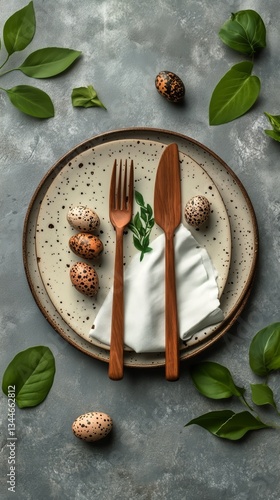 Elegant Table Setting With Quail Eggs and Greenery on a Rustic Plate
