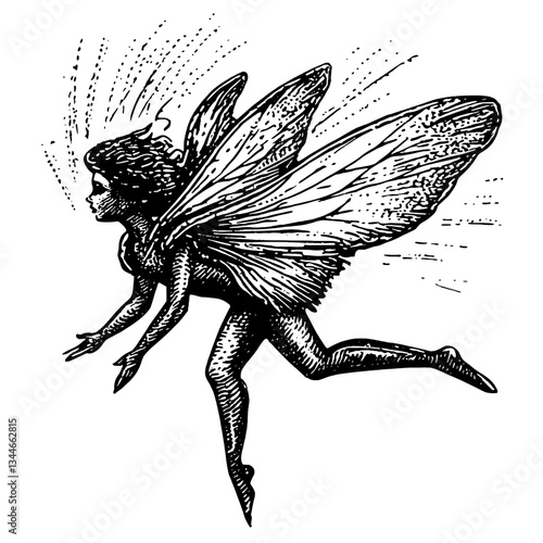 Delicate fairy illustration featuring intricate engraving and vintage design elements
