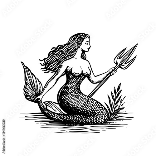 Captivating vintage mermaid design, an exquisite engraving showcasing a serene underwater beauty with a trident