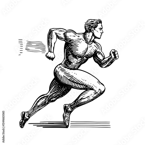 Dynamic running figure in vintage engraving style showcasing strength and movement through intricate hand-drawn details