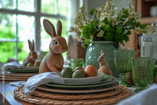 Elegant Spring Table Setting With Flowers and Decorative Bunnies for a Festiv...