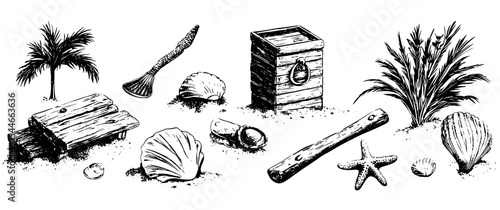 Exploration of coastal treasures and nature's artistry in a hand-drawn vintage engraving style