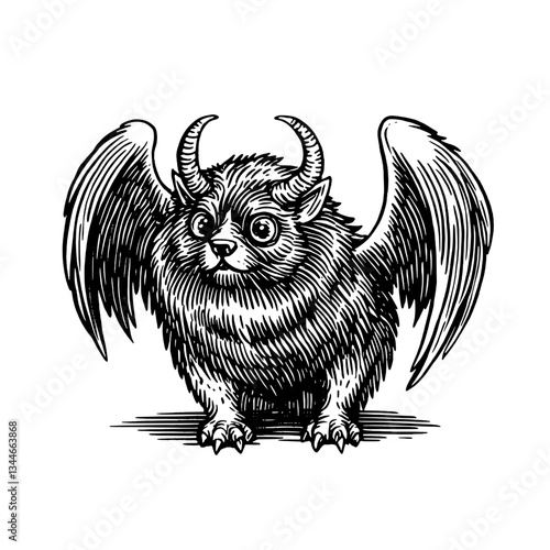 Charming devilish creature with wings brings whimsy to vintage illustrations and tattoo designs