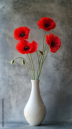 Vibrant Red Poppies Arranged in a Rustic Vase on a Neutral Background for a N...