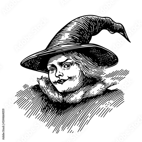 Enchanting vintage witch illustration with intricate detailing and a whimsical touch, perfect for tattoo design inspirations