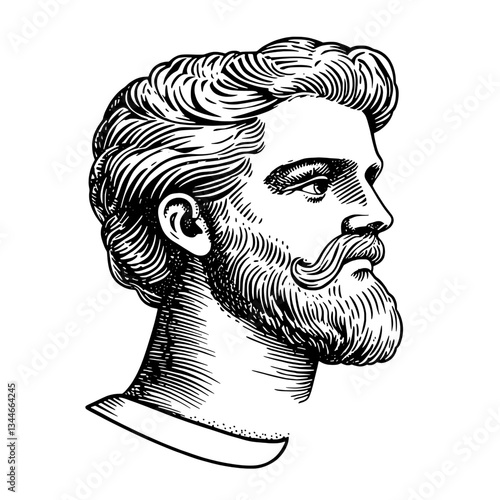 Engraved illustration of a vintage male portrait featuring intricate details and hand-drawn artistry highlighting facial features and hairstyle