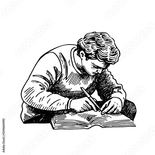 Engraved illustration of a focused individual passionately sketching designs in a notebook