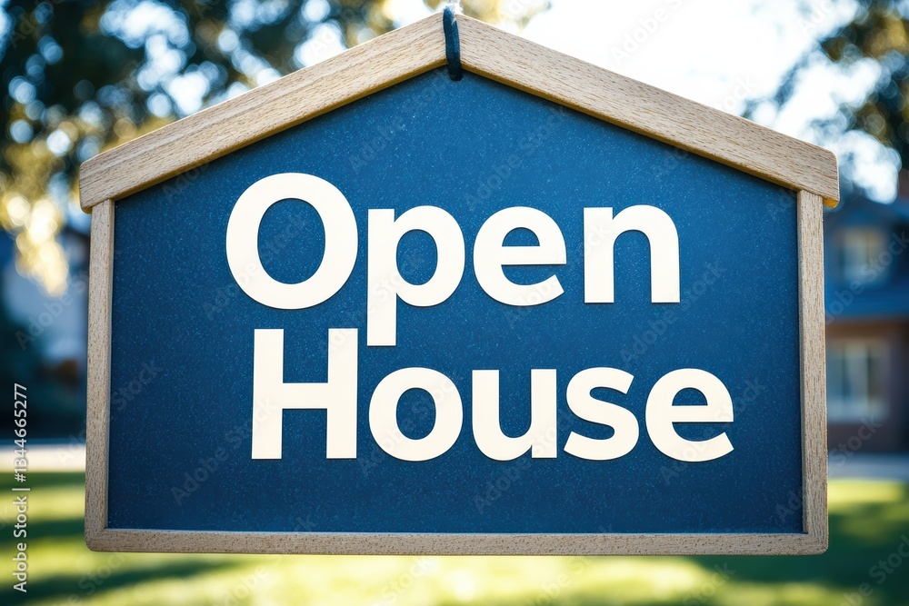 Fototapeta premium Open house sign displayed in residential area promoting home sales and community engagement