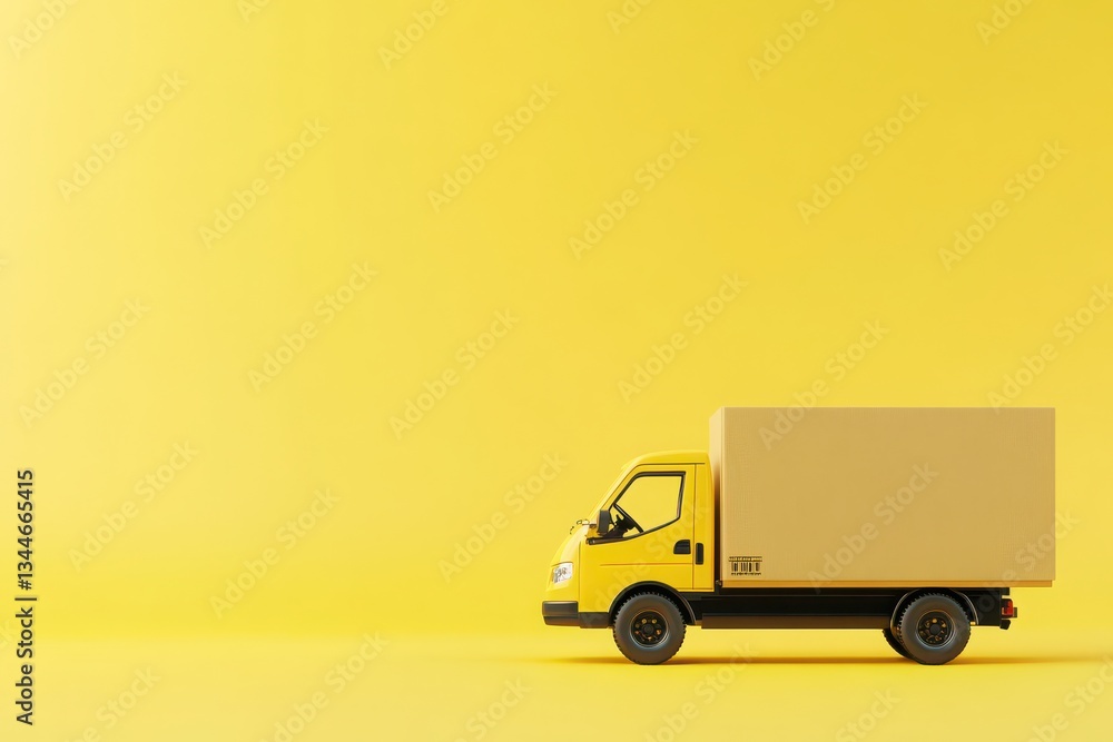 Miniature delivery truck with a large cardboard box set against a bright yellow background for a vibrant and creative logistics concept Miniature delivery truck with a large cardboard box set against a bright yellow background for a vibrant and creative logistics concept