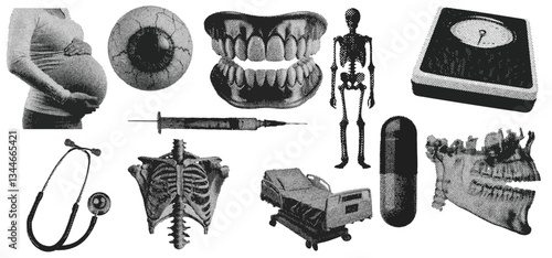 Set of healthcare and well being halftone grunge vector design elements