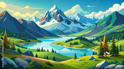 Breathtaking panoramic view of an idyllic alpine landscape with a serene mountain lake surrounded by lush green meadows rolling hills and majestic snow capped peaks in