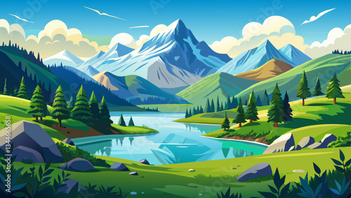 Breathtaking panoramic view of an idyllic alpine landscape with a serene mountain lake surrounded by lush green meadows rolling hills and majestic snow capped peaks in