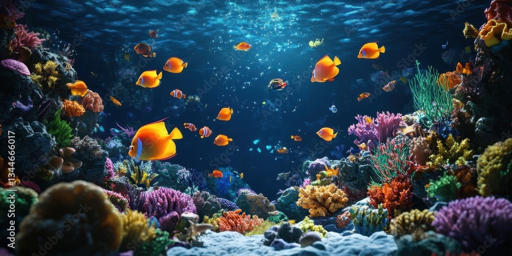 Naklejka premium A vibrant underwater scene with numerous colorful coral formations and fish
