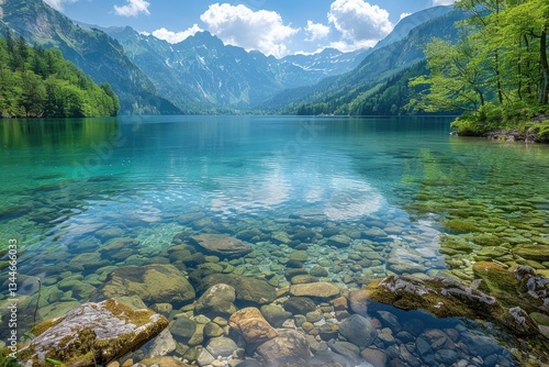 A beautiful mountain lake scene with crystal clear water is shown