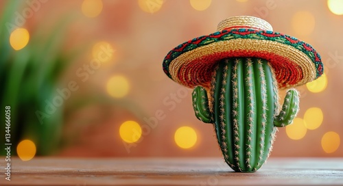 Cactus Wearing Colorful Sombrero on Wooden Table With Festive Lights in Backg...