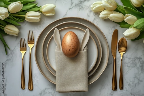 Elegant Easter Table Setting With Decorative Egg and Tulips in Spring
