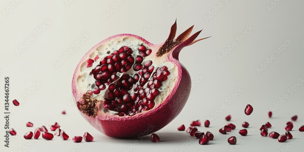 A sliced pomegranate with scattered seeds on a light background A sliced pomegranate with scattered seeds on a light background