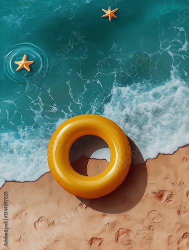 Bright Orange Float Ring on Sandy Beach With Waves and Starfish During Sunny Day