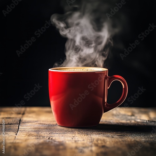 Warm Coffee Steams in a Red Cup on Rustic Wooden Table in Dim Light