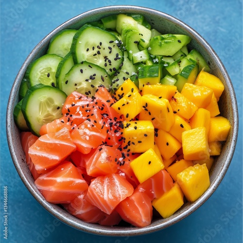 Colorful Bowl of Fresh Ingredients With Salmon, Mango, Cucumber, and Cherry T...