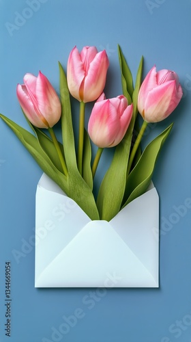 Bouquet of Pink Tulips in an Envelope on a Vibrant Blue Background