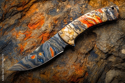 A handcrafted knife with a stunning damascus steel blade and intricately patterned handle rests on a rugged, textured rock.