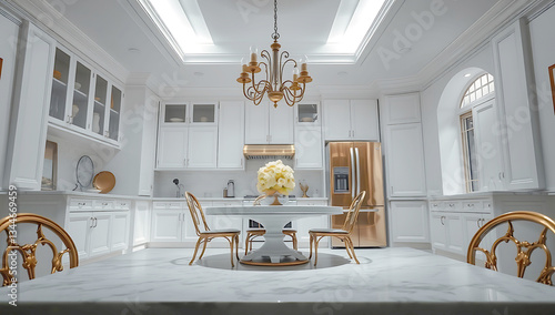 A modern, minimalist kitchen with a linear layout ,The kitchen features white cabinetry with wooden countertops, creating a clean and bright aesthetic