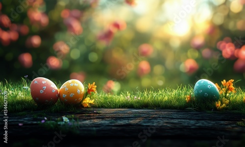 Colorful Easter Eggs Among Flowers in a Sunny Garden Setting During Spring Se...