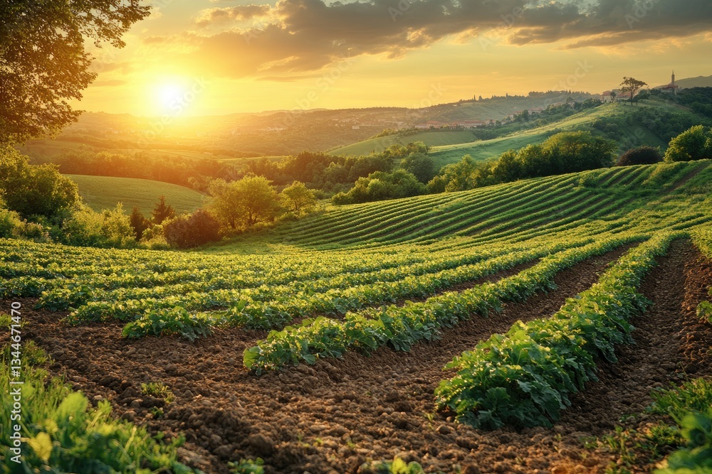 A beautiful sunset illuminates lush green fields and distant hills A beautiful sunset illuminates lush green fields and distant hills
