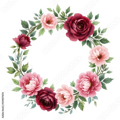  Elegant Watercolor Floral Wreath with Burgundy Roses and Pink Peonies