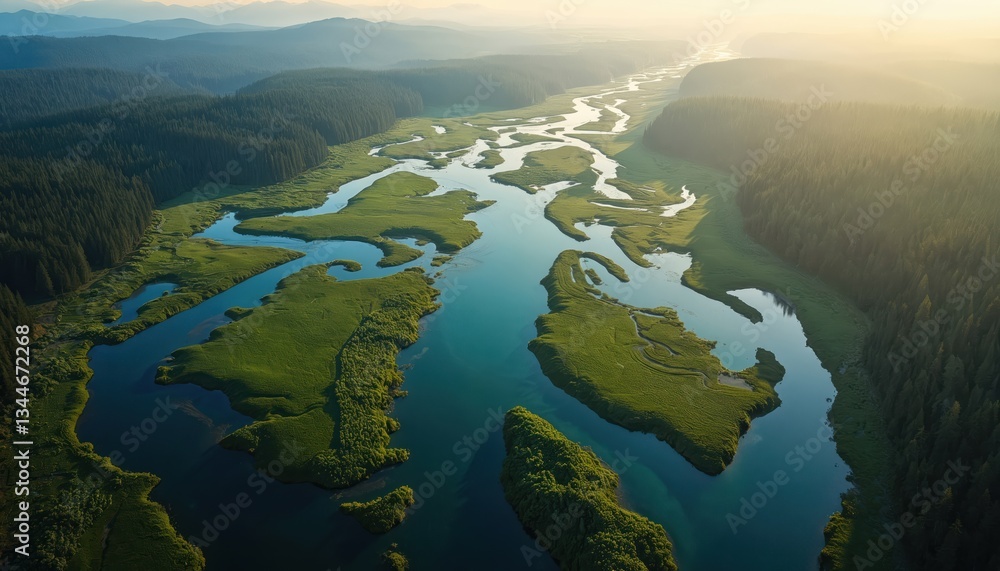 Fototapeta premium Aerial view of river delta with green islands in United States Pacific Northwest. Calm turquoise water meanders through forest landscape at sunny morning. Untouched nature for travel, vacation.