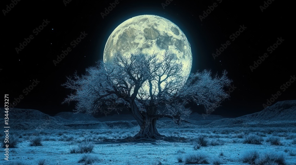 Naklejka premium Large full moon behind a barren tree in a desolate landscape at night.