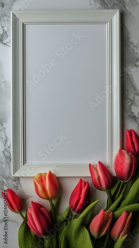 Bright Tulips Beside an Empty White Frame on a Marble Surface Creating a Vibr...