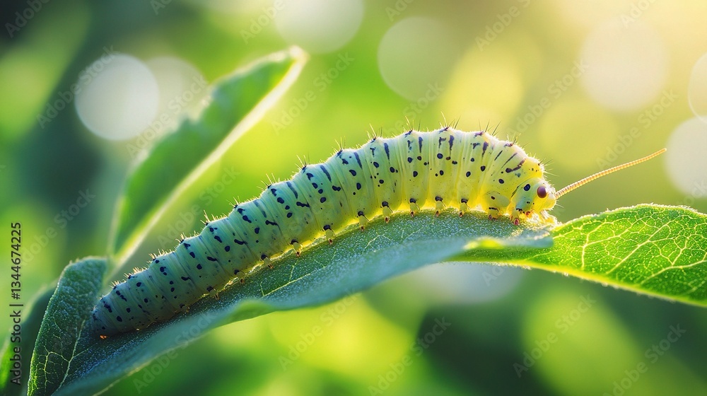 Naklejka premium Yellow Caterpillar Resting on Green Leaf in Spring Sunlight