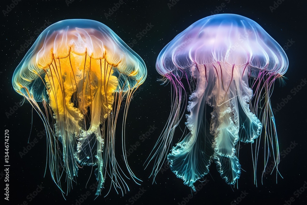 Two luminous jellyfish, one golden, one purplish-blue, drift in the dark ocean depths. Two luminous jellyfish, one golden, one purplish-blue, drift in the dark ocean depths.