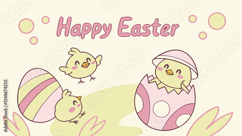 Cartoon chicks and easter eggs with happy easter text on a light yellow background. Perfect for Spring Invitations, Holiday Branding, and Creative Event Projects