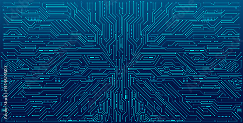 Abstract digital circuit board on a blue technological electrical background. Circuit with connected lines and dots on an abstract motherboard. Futuristic AI innovation concept.