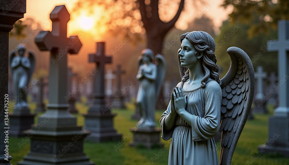 Serene angel statue in a cemetery at sunset with gravestones and a tranquil atmosphere for spiritual reflection and gothic aesthetics Serene angel statue in a cemetery at sunset with gravestones and a tranquil atmosphere for spiritual reflection and gothic aesthetics