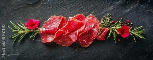 Delicious Thinly Sliced Cured Meat With Herbs on a Dark Slate Plate