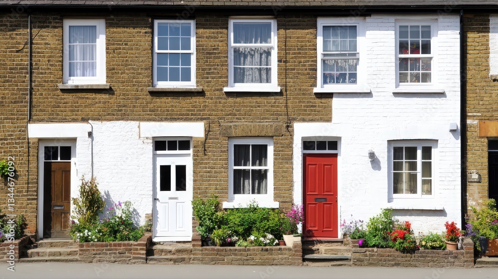 Terraced Houses with White and Brick Walls, Flowers in Front Gardens Terraced Houses with White and Brick Walls, Flowers in Front Gardens