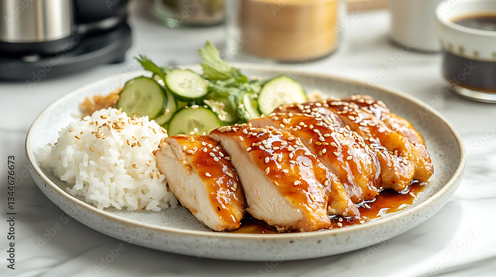 Teriyaki chicken with rice and cucumber - Japanese food style