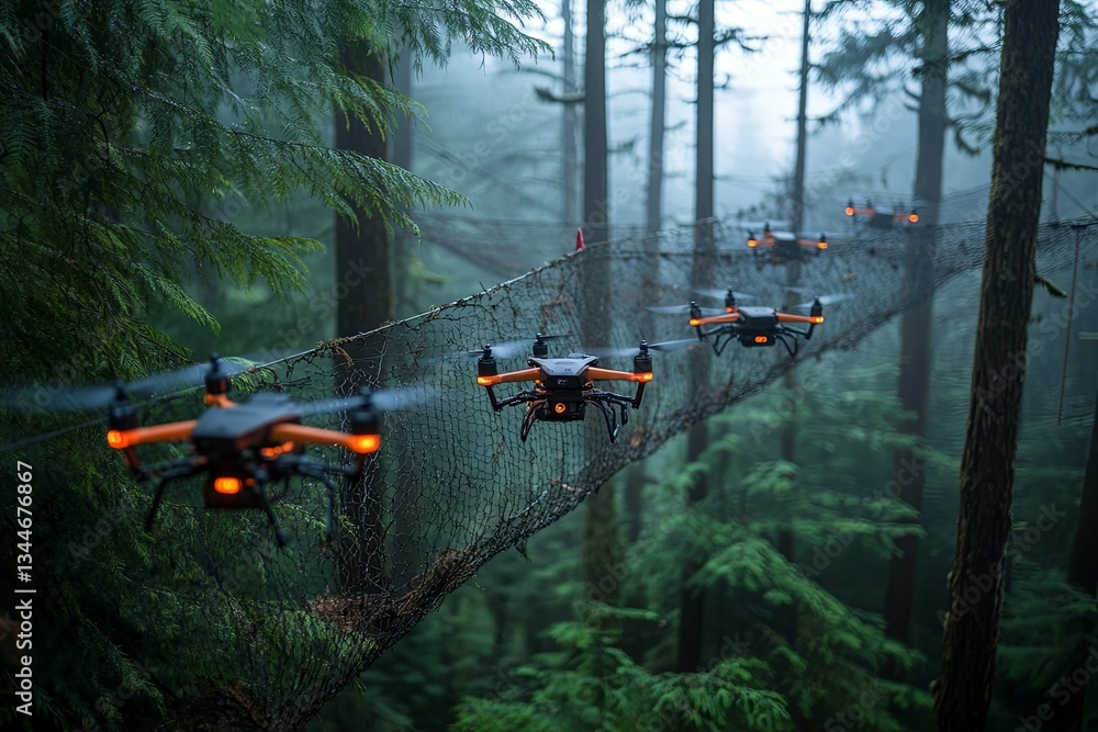 Naklejka premium Several drones flying through a forest over a woven net