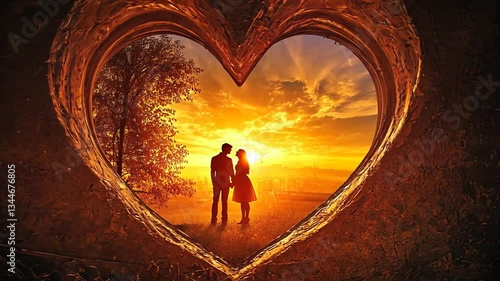 Romantic couple standing holding hands at sunset framed by a heart shaped opening