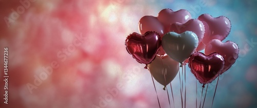 Colorful Heart-Shaped Balloons Float Against a Soft Pink Backdrop for a Festi...
