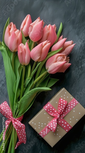 Pink Tulips in a Bouquet With a Gift Box on a Dark Background for a Special O...