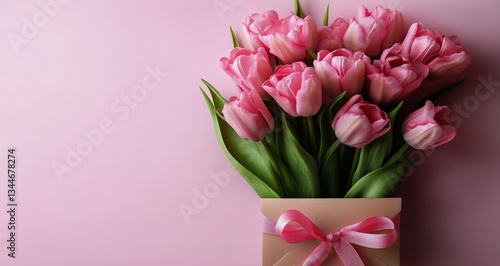 Pink Tulips Arranged in a Gift Box With Ribbon on a Soft Pink Background for ...